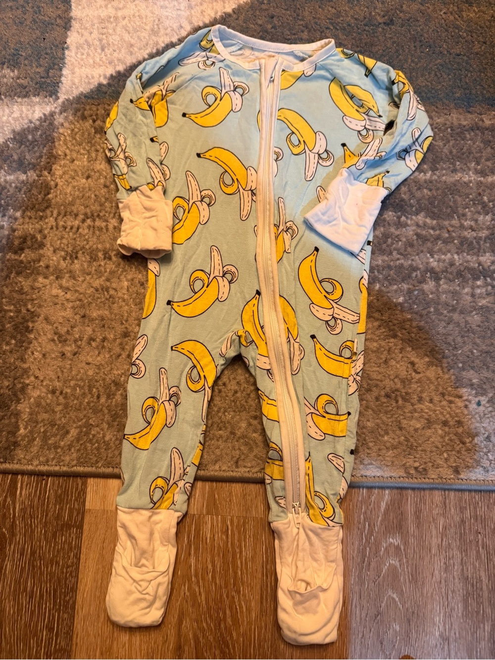 Little Sleepies Banana Print Zip One-Piece Pajamas - Light Blue & Yellow